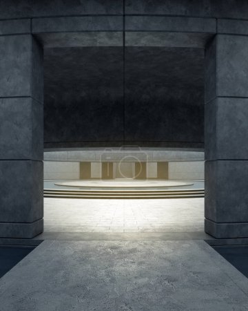 Foto de Empty curved concrete floor covered with ceiling. 3d rendering of abstract interior space background. - Imagen libre de derechos