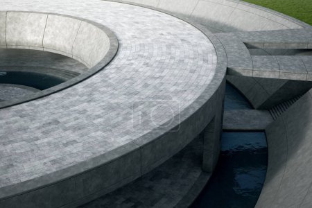 Téléchargez les photos : Empty curved concrete floor with water pool in top view. 3d rendering of abstract space background. - en image libre de droit