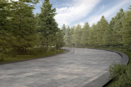 Téléchargez les photos : Empty curved concrete path with meadow and tree. 3d rendering of abstract space with sky background. - en image libre de droit