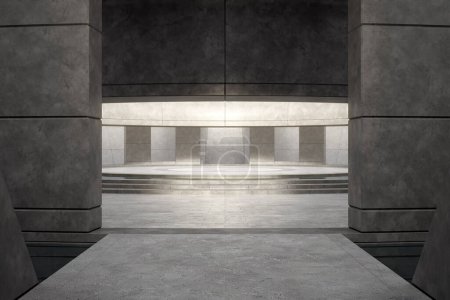 Téléchargez les photos : Empty curved concrete floor covered with ceiling. 3d rendering of abstract interior space background. - en image libre de droit