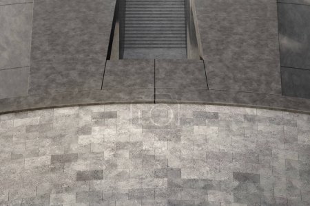 Téléchargez les photos : Empty curved concrete floor with stair in top view. 3d rendering of abstract space background. - en image libre de droit