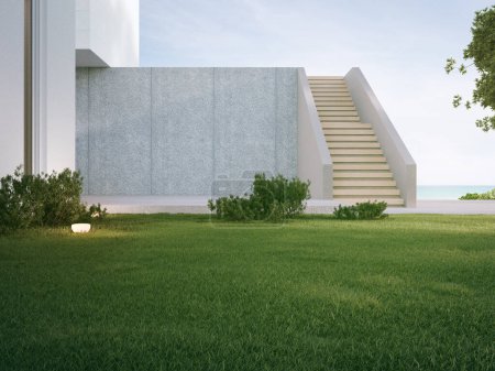 Haus mit Betonterrasse in der Nähe des leeren Rasenbodens. 3D-Darstellung von grünem Rasen in modernen Wohnungen.