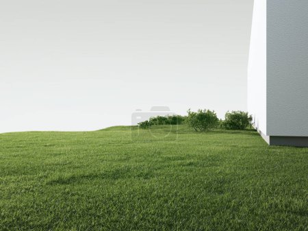 Foto de Casa con muro de hormigón cerca de suelo de césped vacío. 3d representación de césped verde en el hogar moderno. - Imagen libre de derechos