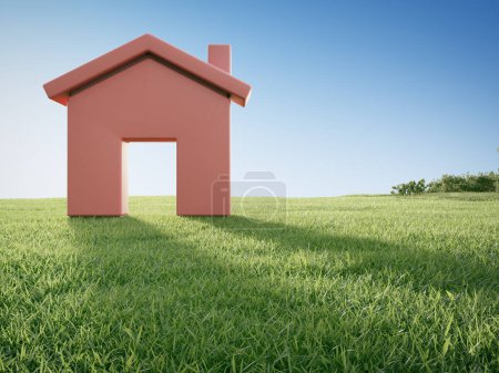 Photo for House symbol with empty grass floor. 3d rendering of green lawn and home icon. - Royalty Free Image