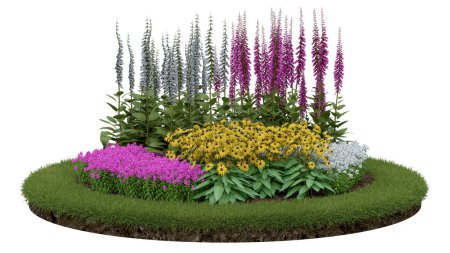 Foto de Podio de hierba realista con jardín de flores. representación 3d de objetos aislados. - Imagen libre de derechos