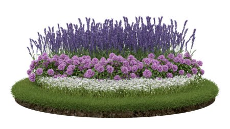 Photo for Realistic grass podium with flower garden. 3d rendering of isolated objects. - Royalty Free Image