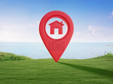 3d representación del icono de pin de mapa. Puntero de ubicación roja simple con símbolo de la casa.