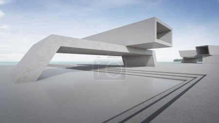 Photo for Abstract architecture design of modern building. Empty parking area concrete floor with beach and blue sky sea view. 3D rendering background image for car scene. - Royalty Free Image