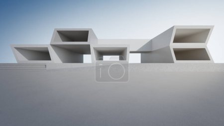 Téléchargez les photos : Conception architecturale abstraite du bâtiment moderne. Parking vide plancher et mur en béton avec vue sur le ciel bleu. Image de fond de rendu 3D pour scène de voiture. - en image libre de droit