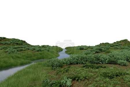 Photo for Realistic grass plain and river. 3d rendering of isolated objects. - Royalty Free Image