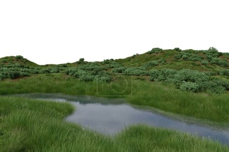 Téléchargez les photos : Plaine d'herbe réaliste et rivière. rendu 3d d'objets isolés. - en image libre de droit
