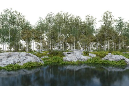 Photo for Realistic riverbank with vegetation and forest. 3d rendering of isolated objects. - Royalty Free Image