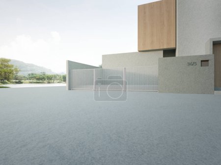 Téléchargez les photos : Maison avec plancher en béton vide pour parking. rendu 3d de grande surface dans la maison moderne. - en image libre de droit