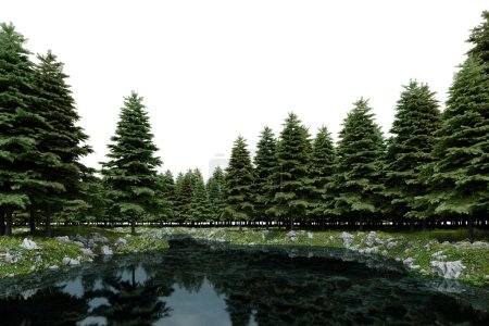 Photo for Realistic lake and forest tree line. 3d rendering of isolated objects. - Royalty Free Image
