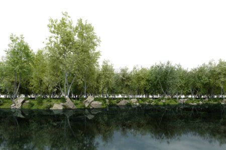 Téléchargez les photos : Lac réaliste et ligne des arbres forestiers. rendu 3d d'objets isolés. - en image libre de droit