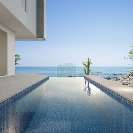 Téléchargez les photos : Plancher de terrasse vide et mur blanc dans une maison de plage moderne ou villa de luxe avec piscine. Pont de tuiles de béton rendu 3d avec vue sur la mer. - en image libre de droit