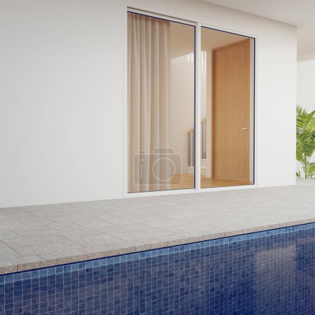 Téléchargez les photos : Plancher terrasse vide et mur blanc dans une maison moderne ou villa de luxe avec piscine. Pont de tuiles de béton rendu 3d. - en image libre de droit