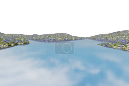 Photo for Realistic flower field and river. 3d rendering of isolated objects. - Royalty Free Image