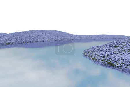 Foto de Campo de flores realista y río. representación 3d de objetos aislados. - Imagen libre de derechos