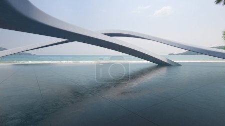 Téléchargez les photos : Conception architecturale abstraite du bâtiment moderne. Parking vide sol en béton avec plage et ciel bleu vue sur la mer. Image de fond de rendu 3D pour scène de voiture. - en image libre de droit