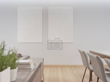 Photo for Empty table of bright dining room near living room in modern house or luxury villa. Home interior 3d rendering with blank picture frame on white wall. - Royalty Free Image