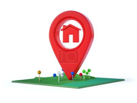 Foto de 3d representación del icono de pin de mapa. Puntero de ubicación roja simple con símbolo de la casa. - Imagen libre de derechos