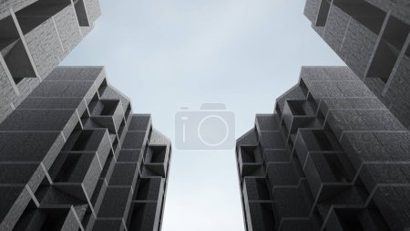 Téléchargez les photos : Bâtiment en béton avec un design brutal. rendu 3D de l'architecture abstraite avec fond ciel. - en image libre de droit