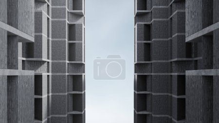 Foto de Edificio de hormigón con diseño brutalista. 3D representación de la arquitectura abstracta con el fondo del cielo. - Imagen libre de derechos
