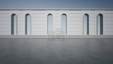 Téléchargez les photos : Conception architecturale abstraite du bâtiment classique. Parking vide plancher et mur en béton avec vue sur le ciel bleu. Image de fond de rendu 3D pour scène de voiture. - en image libre de droit