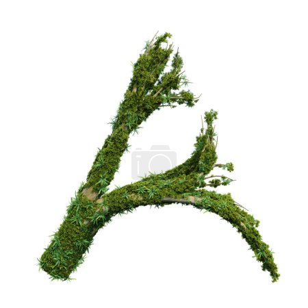 Téléchargez les photos : Alphabet en forme d'arbre recouvert de plante et de mousse. rendu 3d d'objets isolés. - en image libre de droit