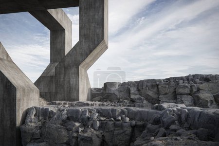 Téléchargez les photos : Bâtiment en béton près de la falaise avec espace pour le parking. rendu 3D de l'architecture abstraite. - en image libre de droit