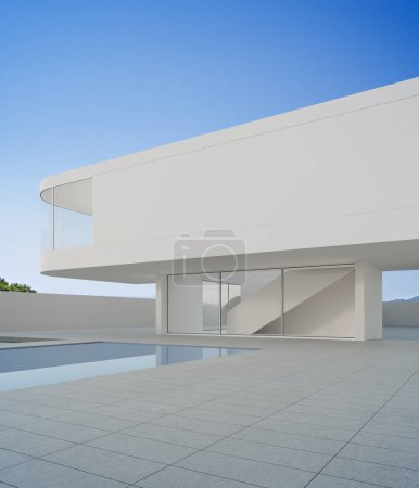 Téléchargez les photos : House with concrete floor terrace near swimming pool. 3d rendering of modern building and blue sky background. - en image libre de droit