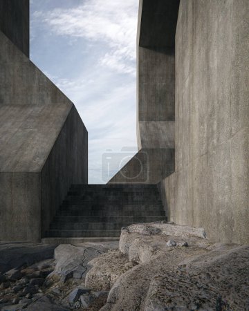 Foto de Edificio de hormigón junto al acantilado con espacio para aparcar. 3D representación de la arquitectura abstracta. - Imagen libre de derechos