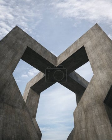 Foto de Vista de ángulo bajo del edificio de hormigón. 3D representación de la arquitectura abstracta con el fondo del cielo. - Imagen libre de derechos