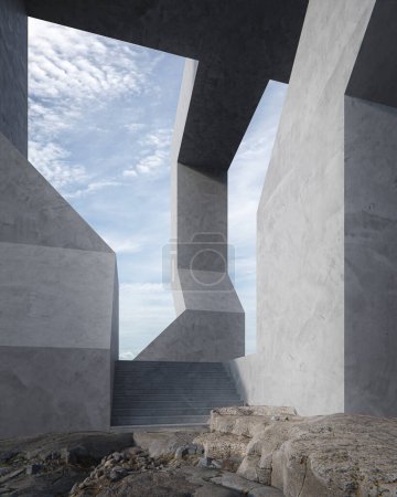 Téléchargez les photos : Bâtiment en béton près de la falaise avec espace pour le parking. rendu 3D de l'architecture abstraite. - en image libre de droit
