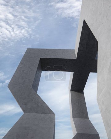 Foto de Vista de ángulo bajo del edificio de hormigón. 3D representación de la arquitectura abstracta con el fondo del cielo. - Imagen libre de derechos