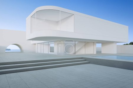 Téléchargez les photos : House with concrete floor terrace near swimming pool. 3d rendering of modern building and blue sky background. - en image libre de droit