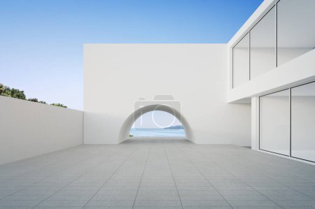 Foto de Casa de playa con terraza de suelo de hormigón. 3d representación del edificio moderno y el fondo de vista al mar. - Imagen libre de derechos
