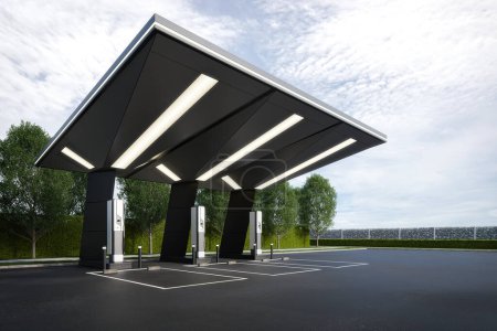 Photo for Electric vehicle fast charging station. 3d rendering of abstract architecture with sky background. - Royalty Free Image