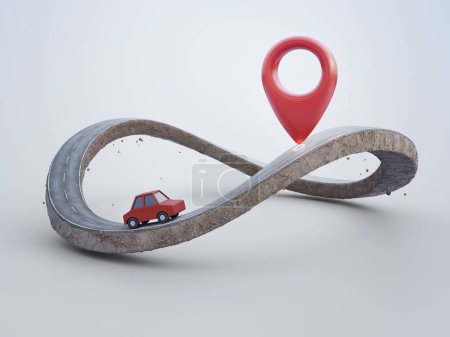 Téléchargez les photos : 3D rendering of infinity symbol road in adventure route or insurance concept. Location pin icon and red toy car on earth land with asphalt driveway. - en image libre de droit