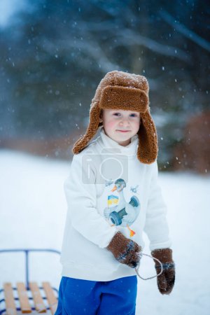 Photo for Cute little boy sledding on the snowy mountain - Royalty Free Image