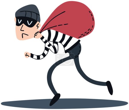 Cartoon thief running with a bag of money. Vector illustration.