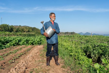 Téléchargez les photos : Agriculteur plantation fière regarder la croissance de la feuille de tabac le matin ensoleillé dans le jardin - en image libre de droit