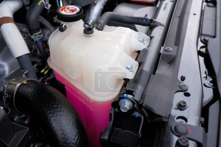 Photo for Radiator reservoir tank car engine coolant anti-coolant and anti-freeze, pink coolant - Royalty Free Image