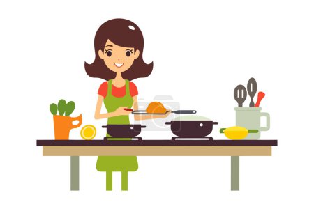 Téléchargez les illustrations : Manger sainement : une femme prépare un repas nutritif avec des légumes frais dans une cuisine bien équipée - en licence libre de droit