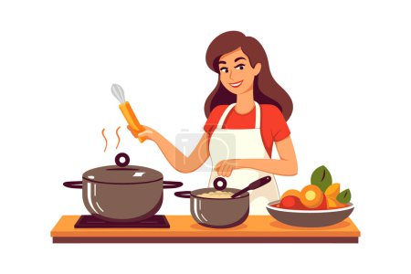 Téléchargez les illustrations : Manger sainement : une femme prépare un repas nutritif avec des légumes frais dans une cuisine bien équipée - en licence libre de droit