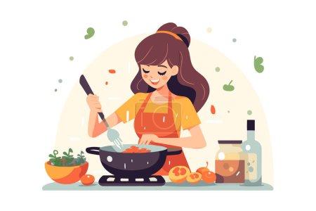 Illustration for Healthy Eating: Woman Cooking a Nutritious Meal with Fresh Vegetables in a Well-Equipped Kitchen - Royalty Free Image