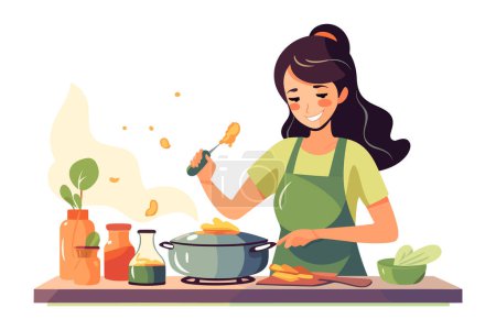 Ilustración de Alimentación saludable: Mujer cocinando una comida nutritiva con verduras frescas en una cocina bien equipada - Imagen libre de derechos