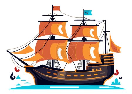 Illustration for Ocean Voyage: Exploring the Maritime Industry on a Nautical Vessel, Explore a cartoon boat sailing on the sea, a maritime journey awaits. Pirated ship vector illustration - Royalty Free Image