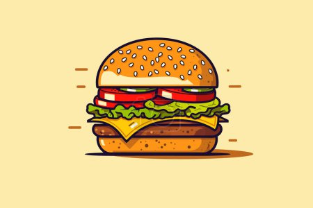 Bunte frische Lebensmittel: Brot, Käse, Obst und Gemüse auf weißem Hintergrund, Burger-Illustration auf isoliertem weißem Hintergrund